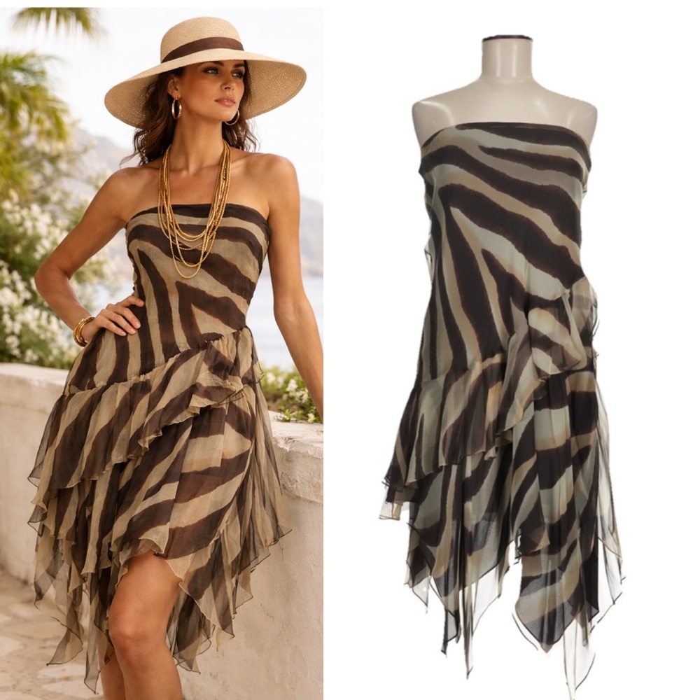 Vintage Ralph Lauren Silk Mini Dress Animal Zebra Print Cocktail Asymmetrical 8